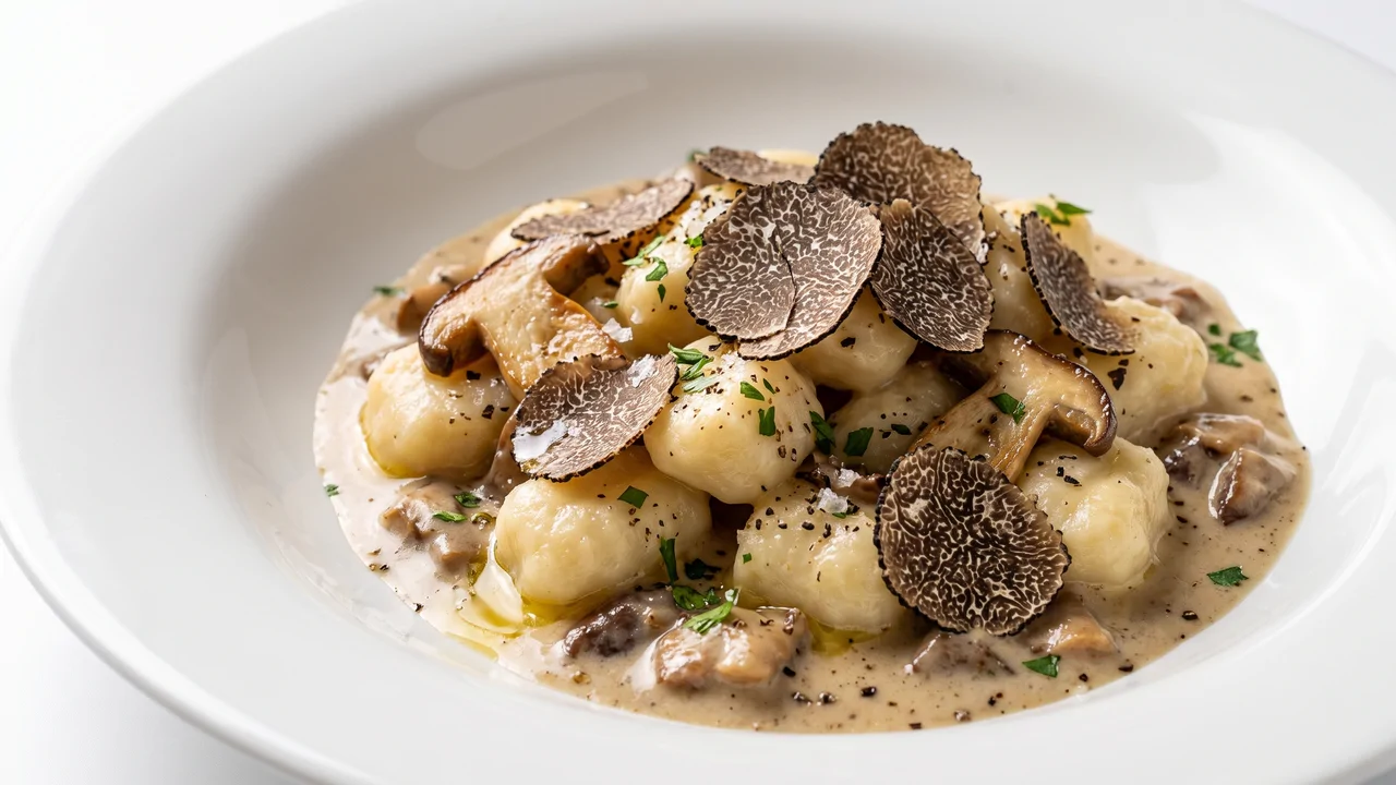 Gnocchi di Patate con Crema di Porcini e Scorzone